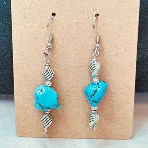 Stainless Steel Earrings w/Blue Turquoise Nuggets & Silver Tone Beads - Handmade